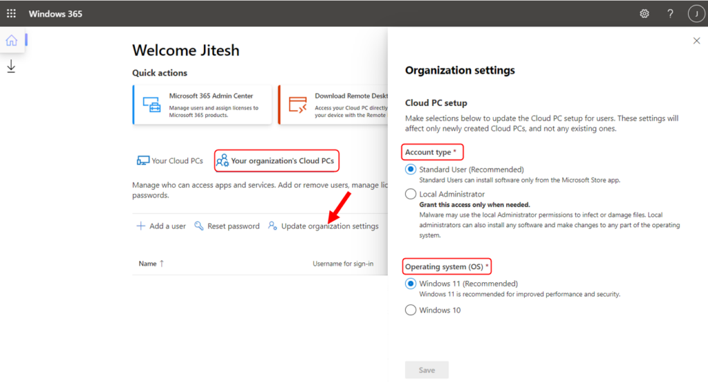 Select Your organization's Cloud PCs - Remotely Manage Windows 365 Cloud PC Business Edition