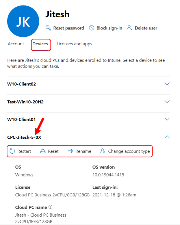 Remote Device Actions Windows 365 Cloud PC Business 