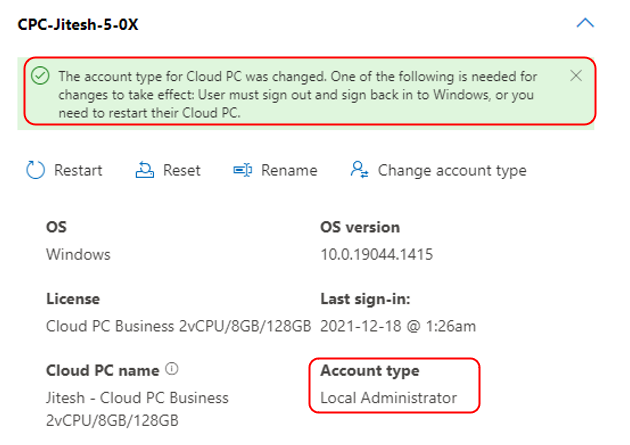 Remotely Manage Windows 365 Cloud PC Business Edition Admin Experience 12 Change Account Type for Windows 365 Cloud PC Business Edition