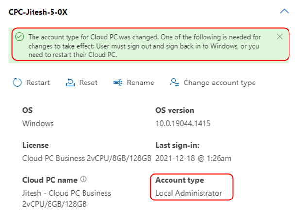 Change Account Type for Windows 365 Cloud PC Business Edition 