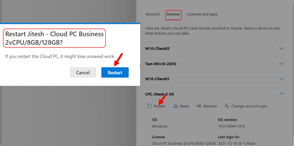 Restart Windows 365 Cloud PC Business