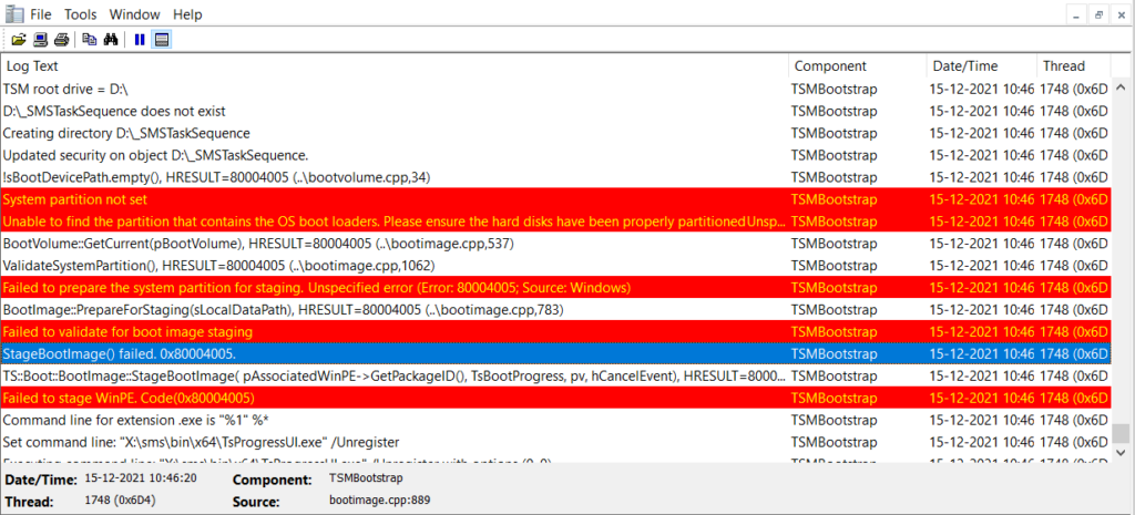 SMSTS log - SCCM Task Sequence Failed Error 0x80004005