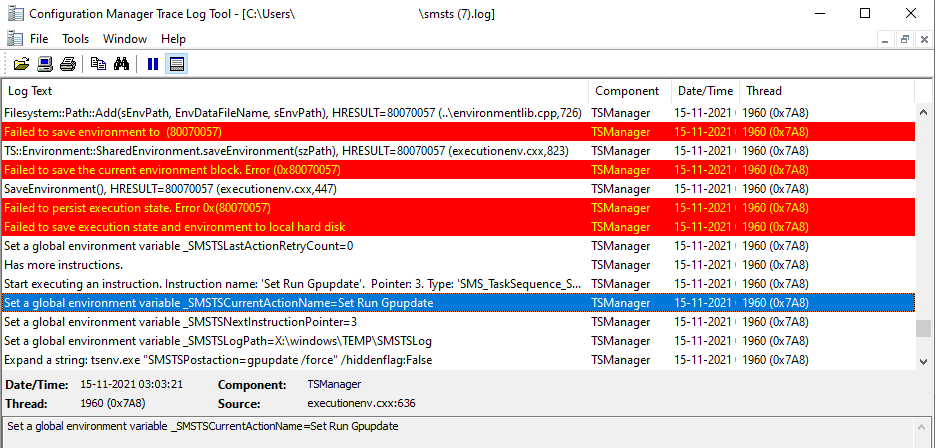 SMSTS log - SCCM Task sequence has failed with the error code 0×80070057