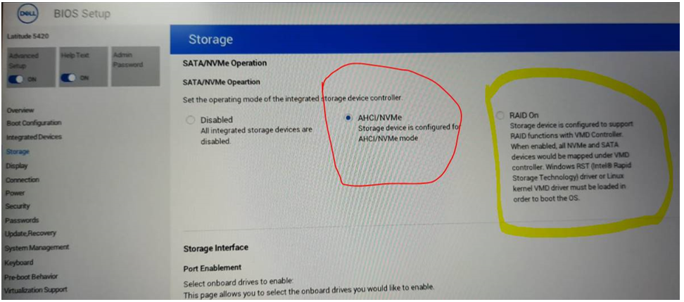 Bios Setup > Storgae - AHCI/NVMe