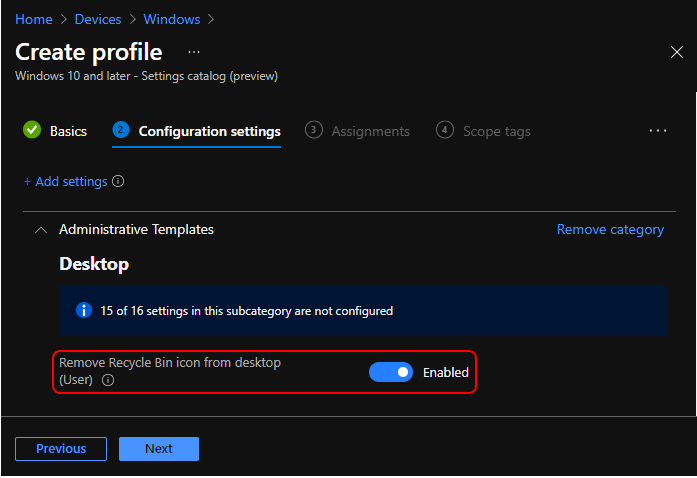 Remove Recycle Bin icon from desktop (User) - Enabled