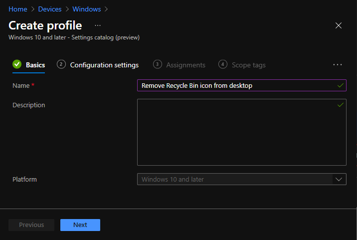 Create Profile - Remove Recycle Bin Desktop Icon Using Intune