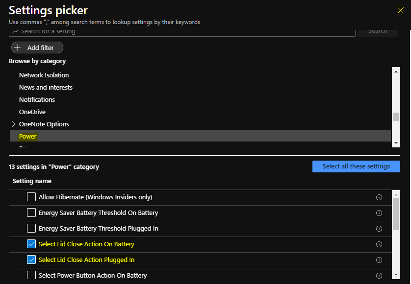 Settings picker - Power Options