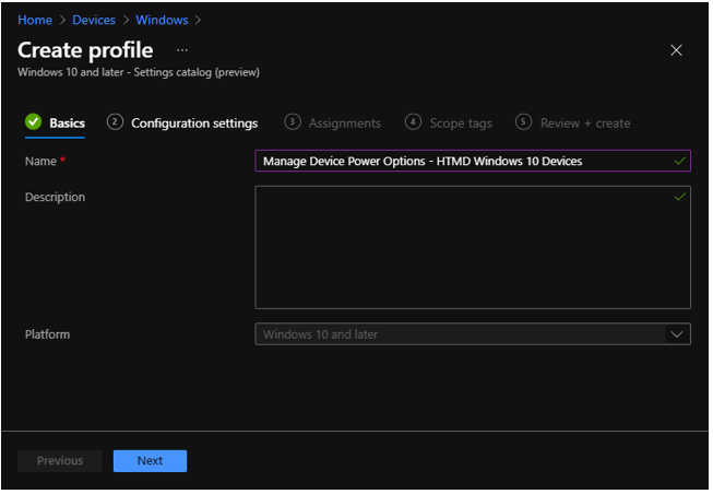 Create profile - Manage Device Power Options 