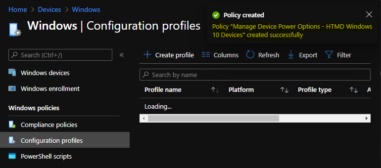 Policy “Manage Device Power Options - HTMD Windows 10 Devices” created successfully