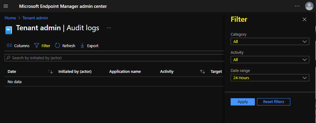 Audit logs Filter Options - Intune Audit Logs Track Who Restarted Device from MEM Portal