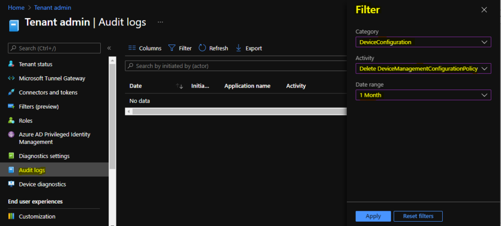 Intune Audit Logs Track Who Created Deleted Device Configuration Policy