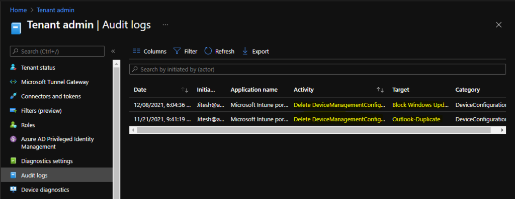 Intune Audit Logs Track Who Created Deleted Device Configuration Policy