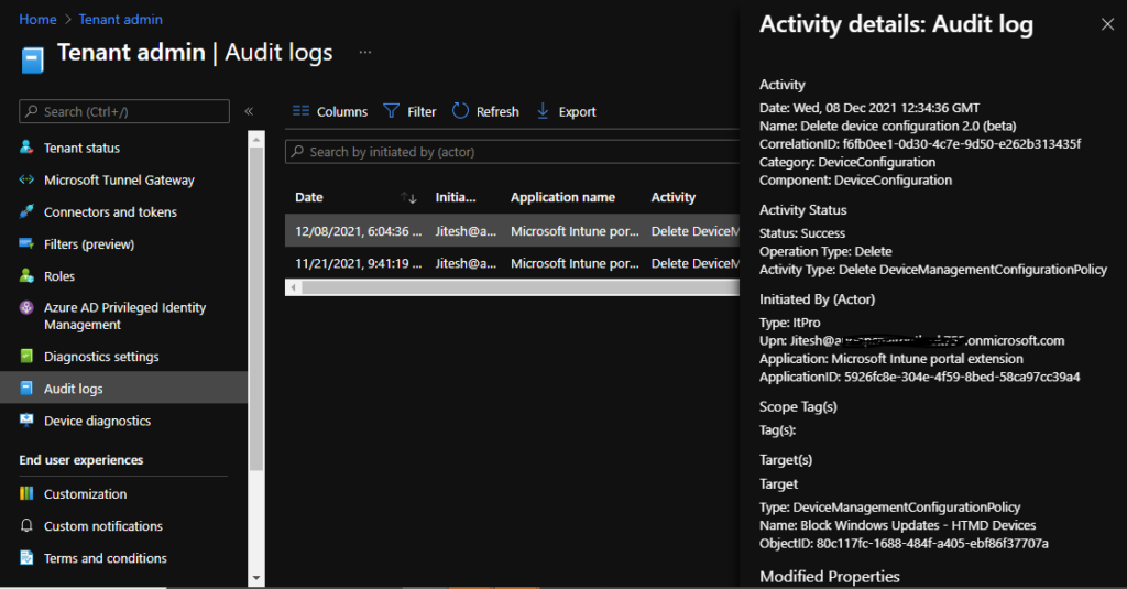 Intune Audit Logs Track Who Created Deleted Device Configuration Policy