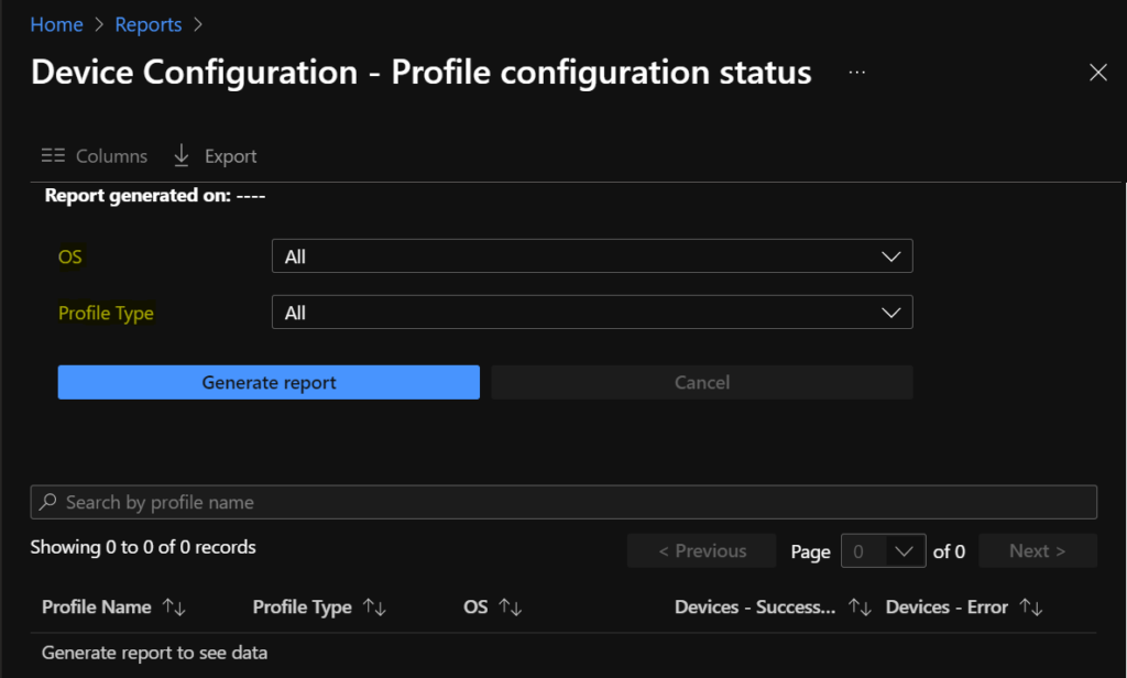 Device Configuration - Profile configuration status Report