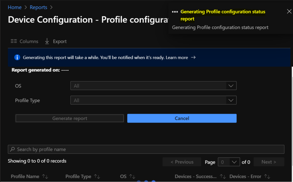 Generating Profile configuration status report