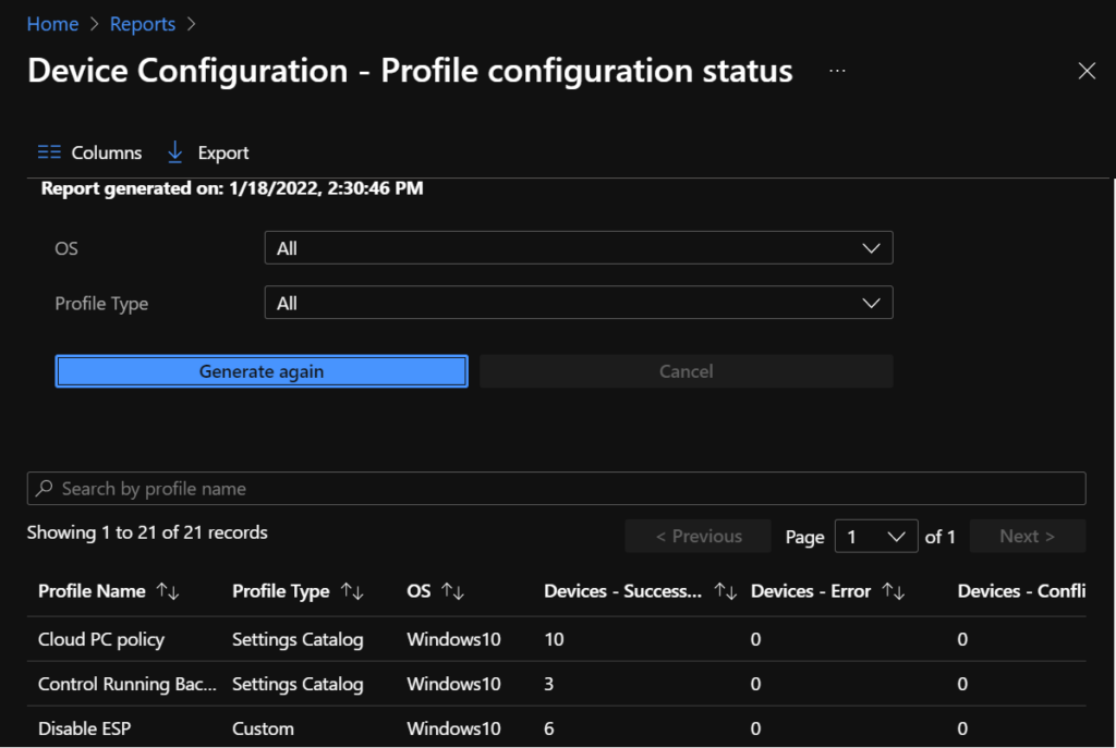 Device Configuration - Profile configuration status Report