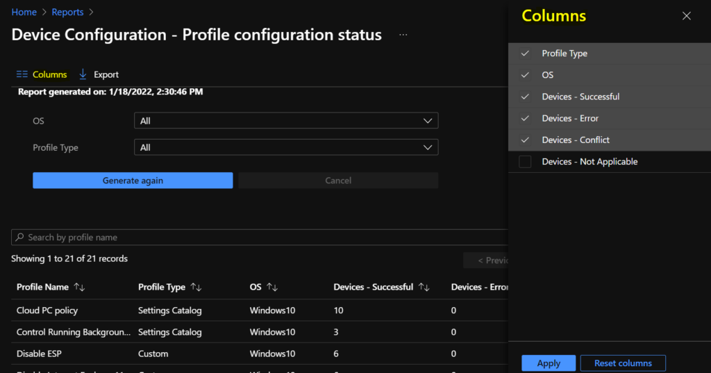 Add Columns - Profile configuration status Report 