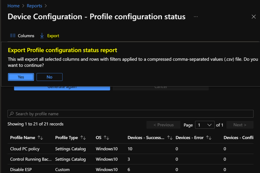 Export Profile configuration status report