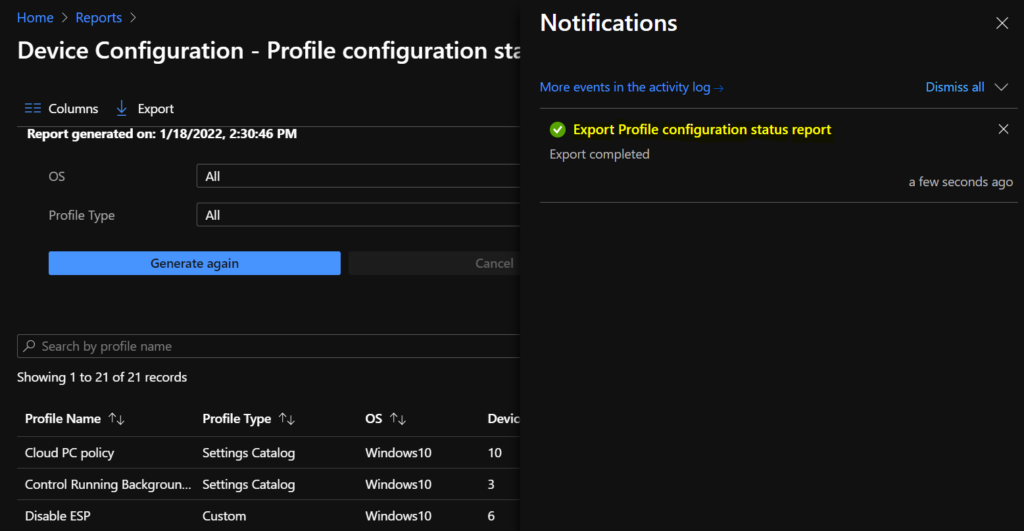 Export Completed - Profile configuration status report 