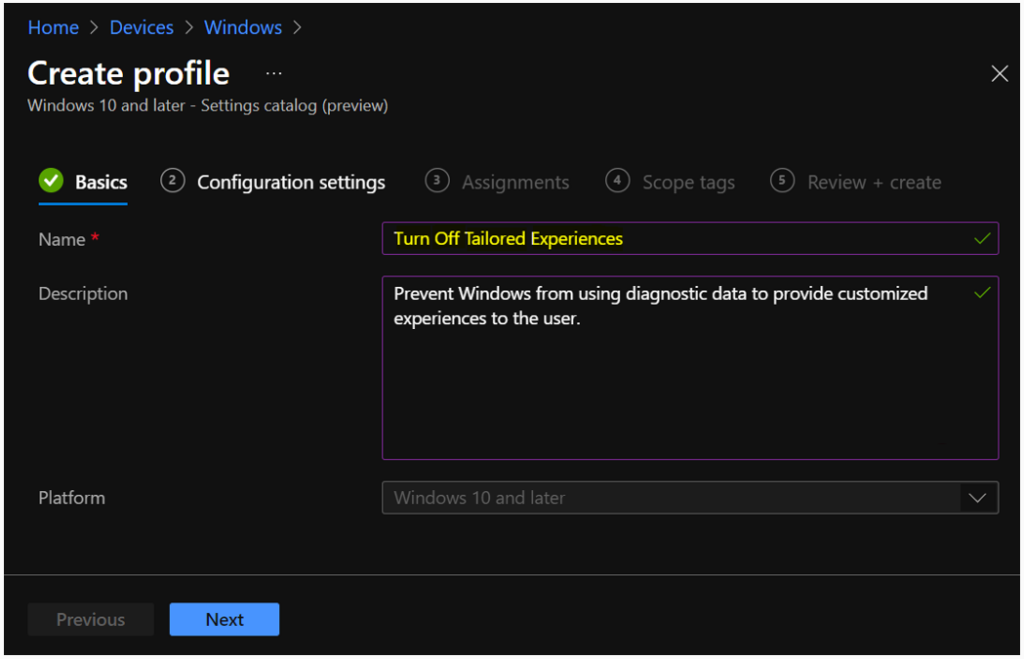 Create profile - Turn Off Tailored Experiences