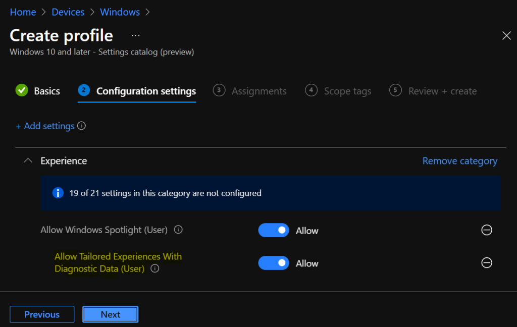 Configuration Settings -> Experience