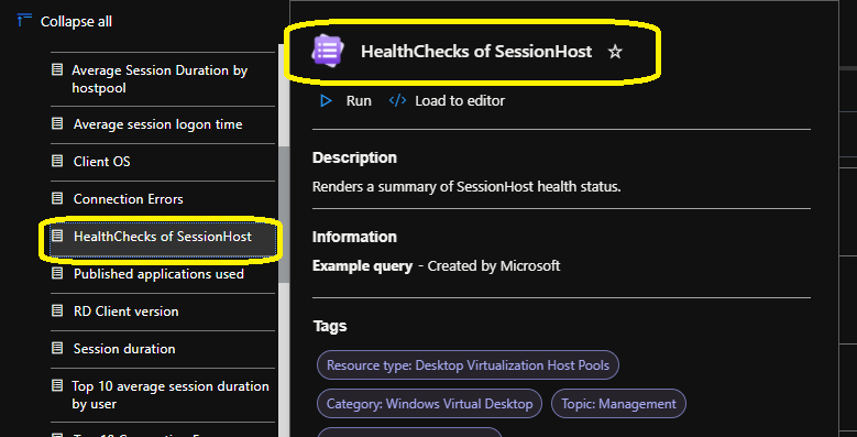 AVD KQL Query -  AVD Health Checks using Azure Monitoring - Log Analytics 