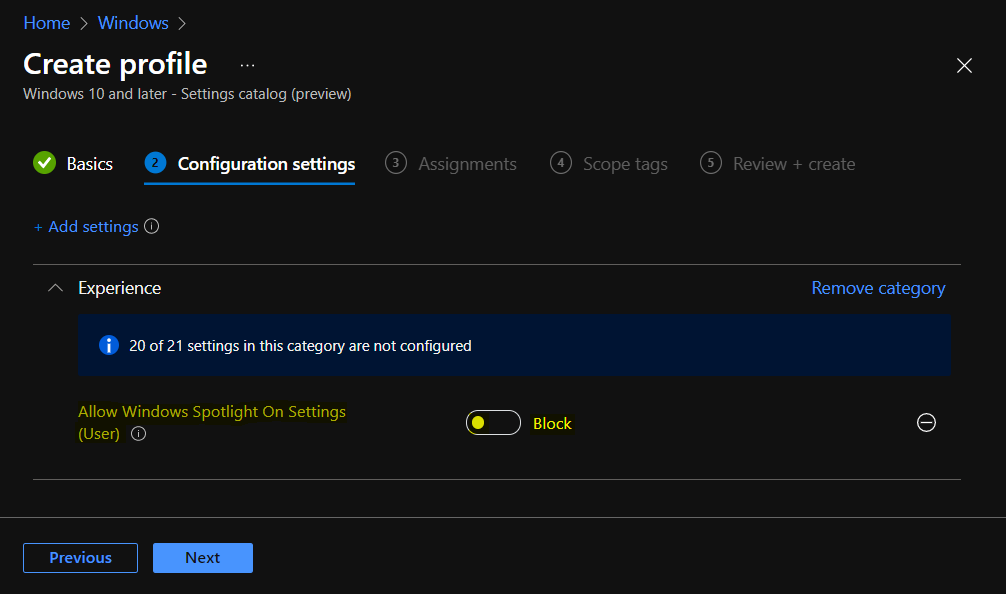 Allow Windows Spotlight On Settings (User) - Block