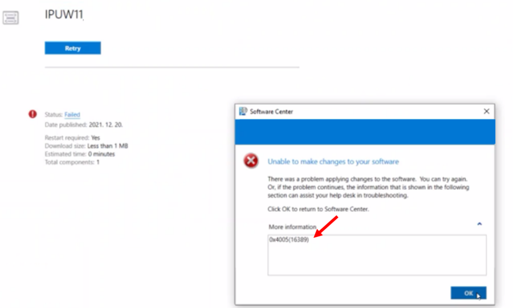 SCCM Software Center - Windows Upgrade Failed Error Code 0x4005(16389)