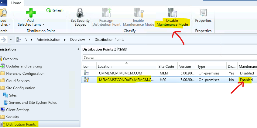 How to Disable SCCM Distribution Point Maintenance Mode