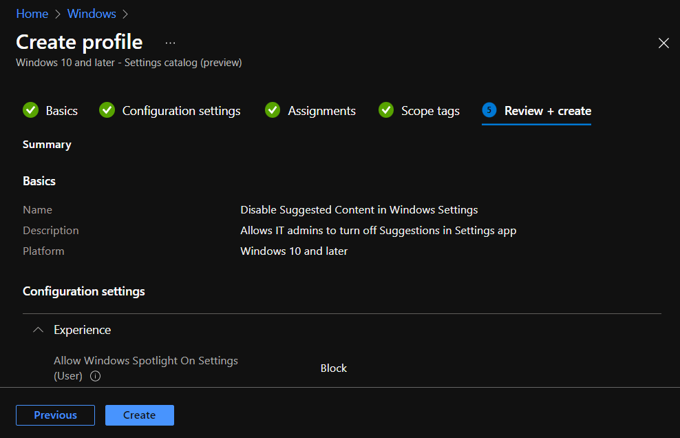 Disable Windows Spotlight Suggested Content in Settings using Intune 1