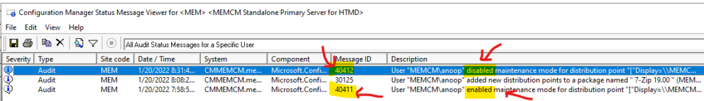 Enable SCCM Maintenance Mode for Distribution Point DPs Clients Primary Server 7 Audit Status Messages Related to SCCM Maintenance Mode