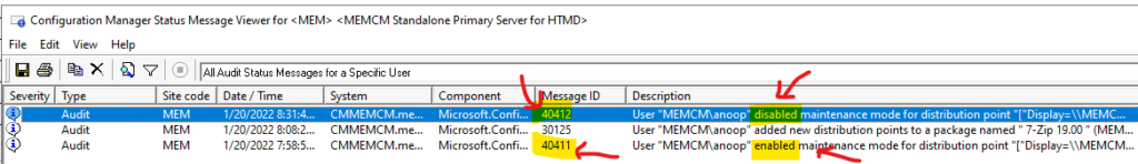  Audit Status Messages Related to SCCM Maintenance Mode 