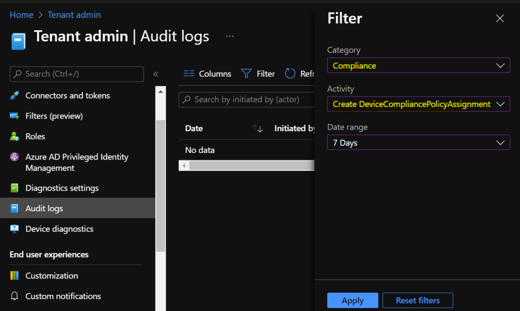 Intune Audit Logs Track Who Created Updated Device Compliance Policy 6 Intune Audit Logs Track Who Created Updated Device Compliance Policy 1