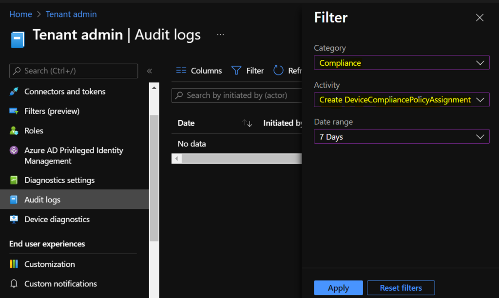 Intune Audit Logs Track Who Created Updated Device Compliance Policy 1