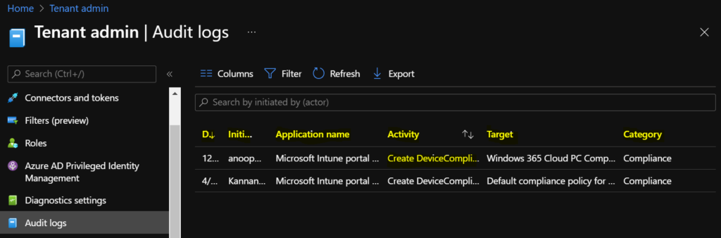 Intune Audit Logs Track Who Created Updated Device Compliance Policy 7 Intune Audit Logs Track Who Created Updated Device Compliance Policy 2