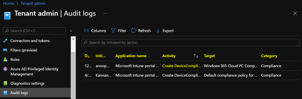 Intune Audit Logs Track Who Created Updated Device Compliance Policy 2