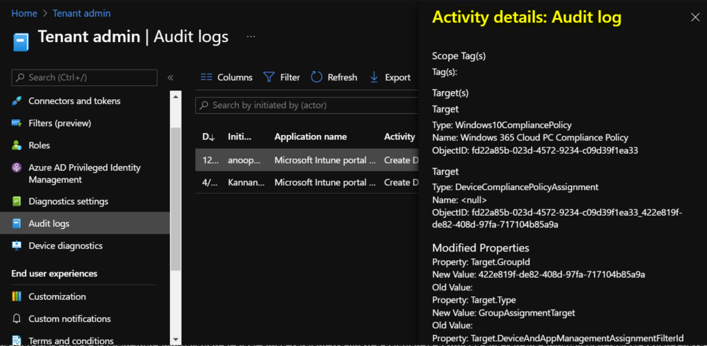 Intune Audit Logs Track Who Created Updated Device Compliance Policy 8 Intune Audit Logs - Created Device Compliance Policy Assignment Activity Details