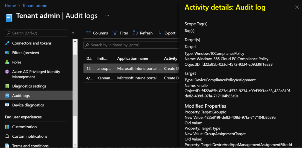 Intune Audit Logs - Created Device Compliance Policy Assignment Activity Details 