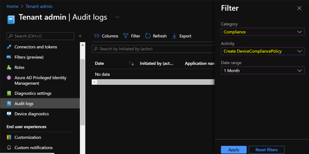 Intune Audit Logs Track Who Created Updated Device Compliance Policy 3 Intune Audit Logs - Created Updated Device Compliance Policy