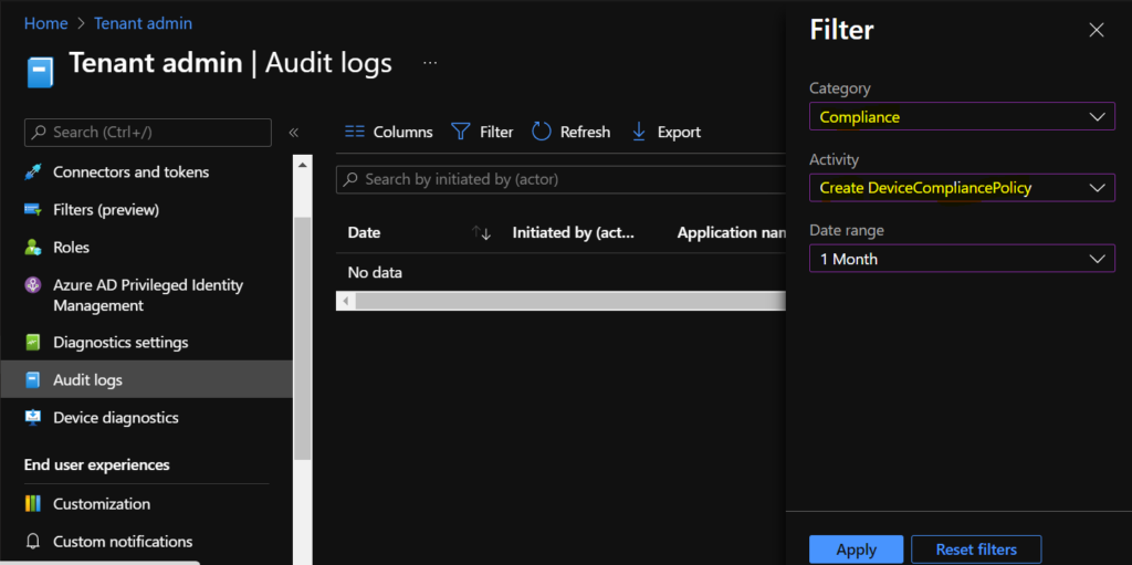 Intune Audit Logs - Created Updated Device Compliance Policy