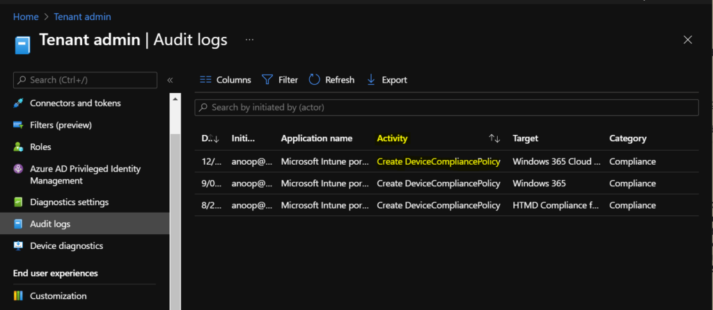 Intune Audit Logs Track Who Created Updated Device Compliance Policy 4 Intune Audit Logs - Created Device Compliance Policy