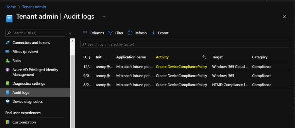  Intune Audit Logs - Created Device Compliance Policy 