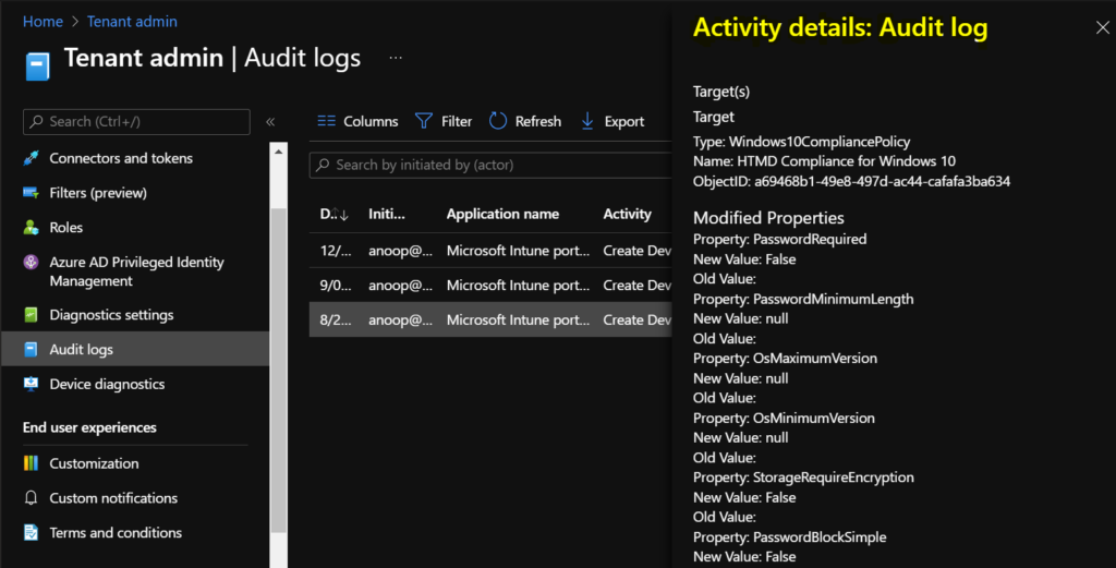 Intune Audit Logs - Created Device Compliance Policy Activity Details