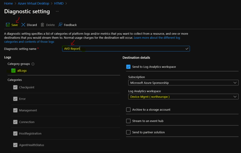 AVD Azure Monitor Diagnostic Settings Setup 2