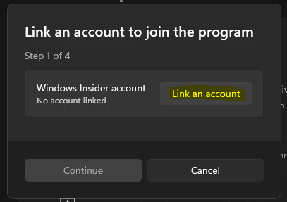 Link an Account - Join Window Insider Program