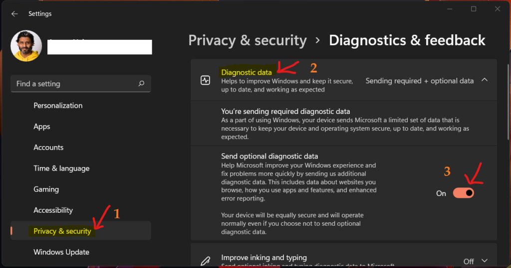 Diagnostics Data Enabled from Windows 11 PC