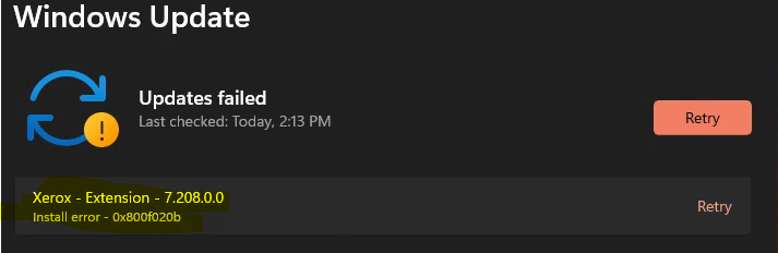 xerox extension update failed 0x800f020b