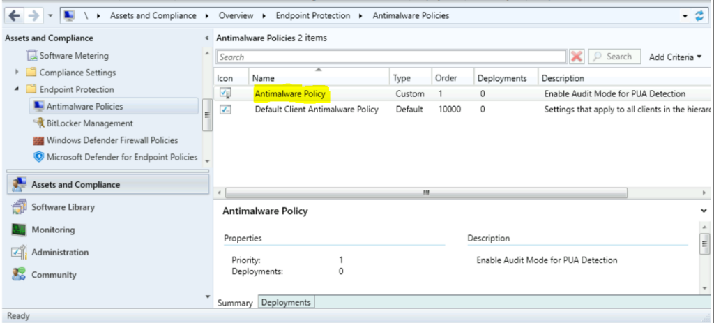Enable Audit Mode for PUA Detection in SCCM 6 SCCM Console - Antimalware Policies list