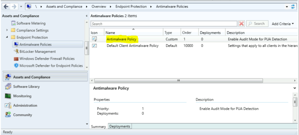  SCCM Console - Antimalware Policies list 