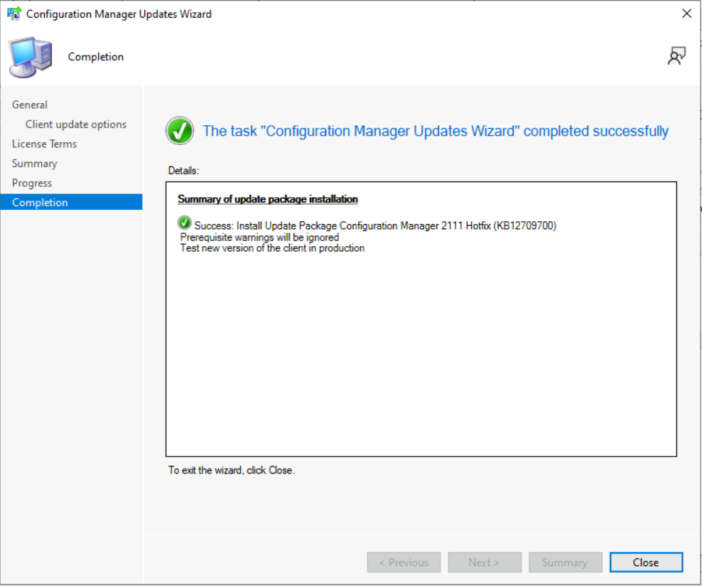 Success Install Update Package ConfigMgr 2111 Hotfix KB12709700